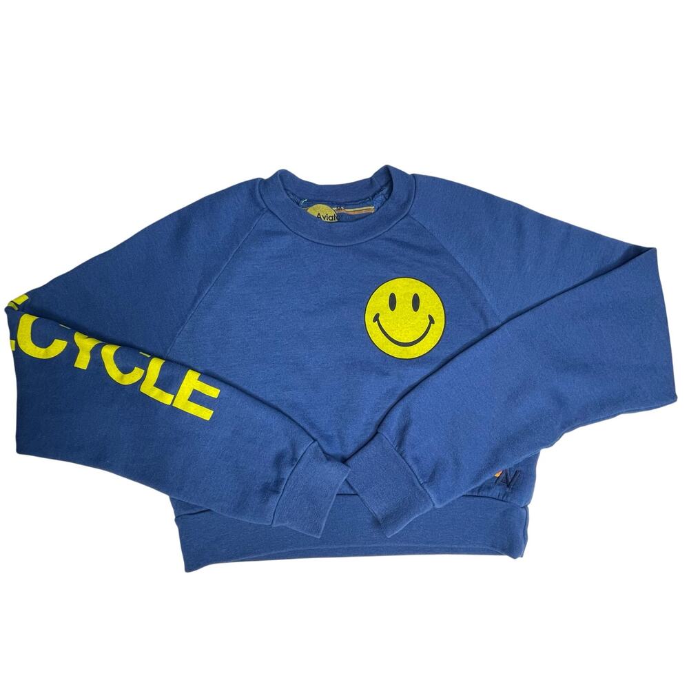 Aviator Nation x SoulCycle cropped crew sweatshirt Medium Blue smiley graphic - Picture 2 of 14